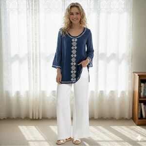 Love Stitch 156500 Women's Bell Sleeve Embroidered Tunic Dress Navy Sz. Small